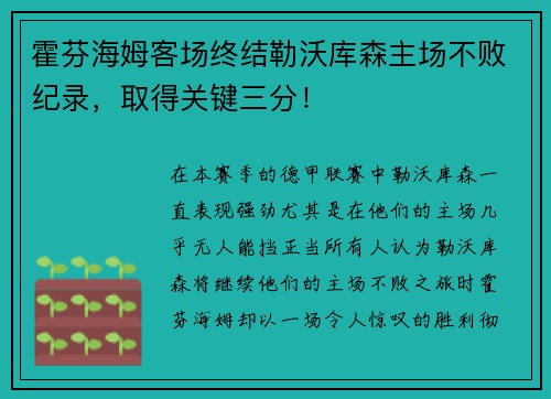 霍芬海姆客场终结勒沃库森主场不败纪录，取得关键三分！