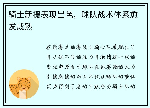 骑士新援表现出色，球队战术体系愈发成熟