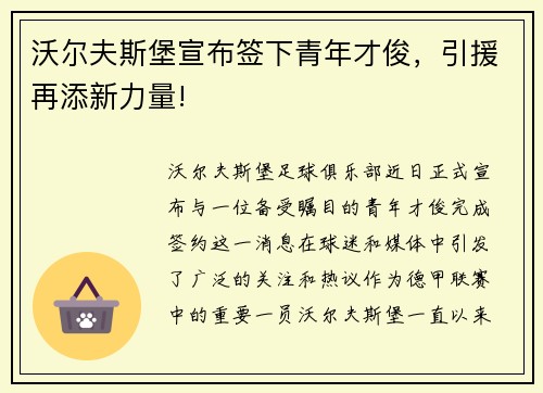 沃尔夫斯堡宣布签下青年才俊，引援再添新力量!